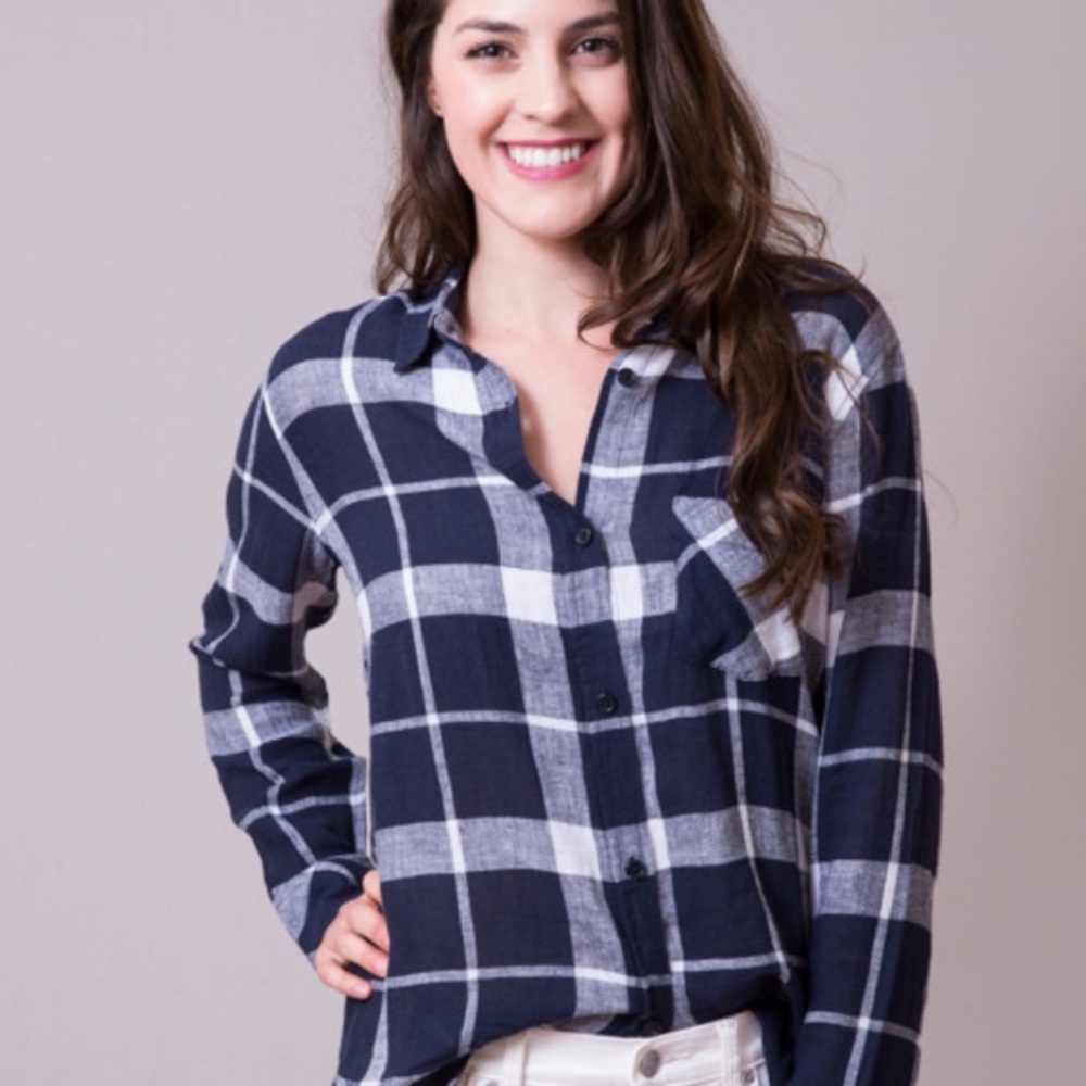 Rails x Free People Navy & White Charli Plaid Button Down Top Linen Size XS